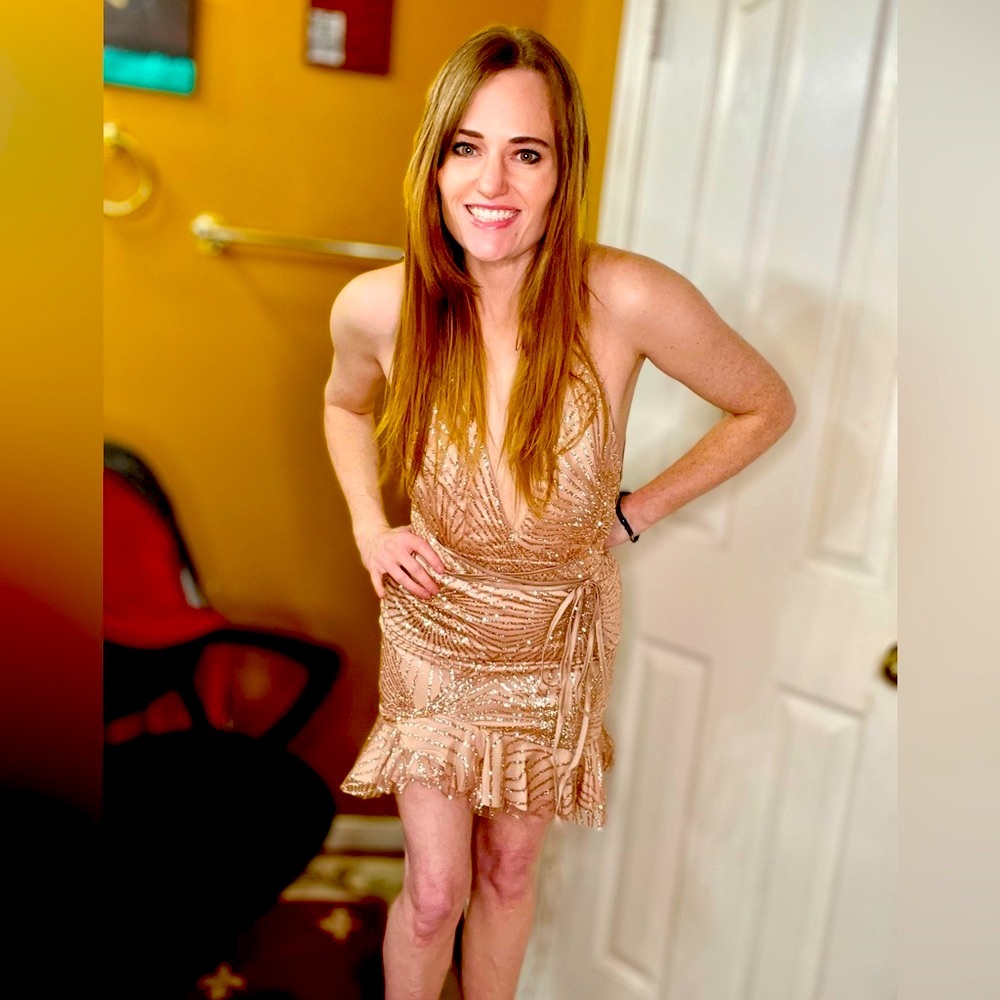 Hello Molly Gold Ruched Ruffled Cocktail Dress